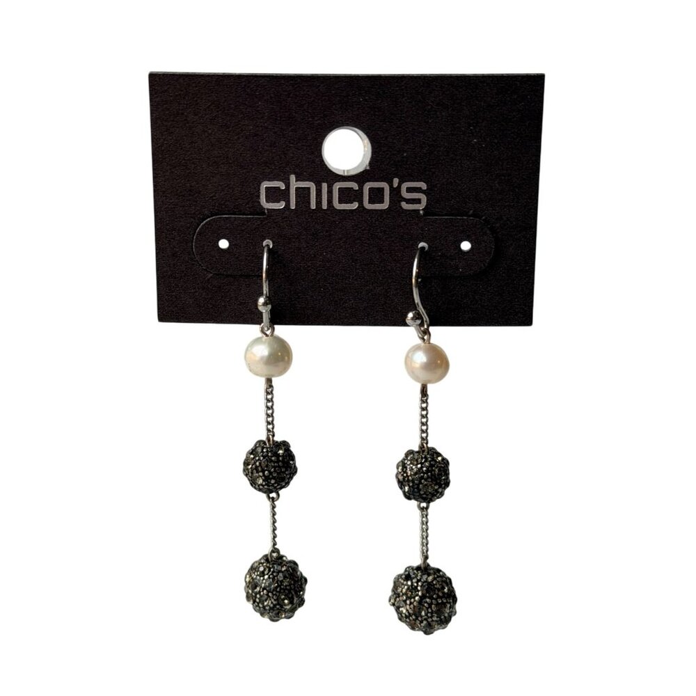 Vtg 1990s Chico’s Pearl Chain Drop Earrings Sparkle Textured Metal Ball Accents‎